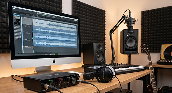 Equipamentos de Home Studio e contrabaixo